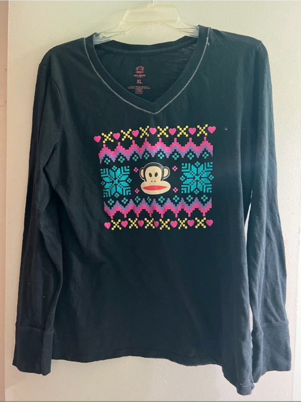 Paul Frank Black Long-Sleeve V-Neck Top with Teal Pink Yellow Motif
